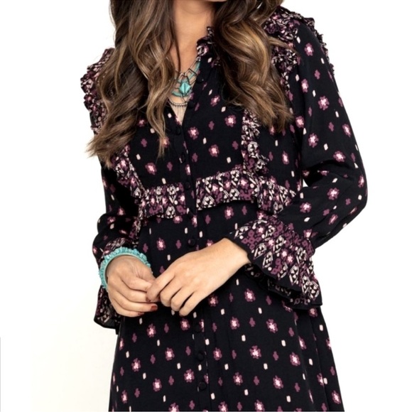 Free people boho Black and pink floral midi dress size large one button missing - Picture 3 of 7